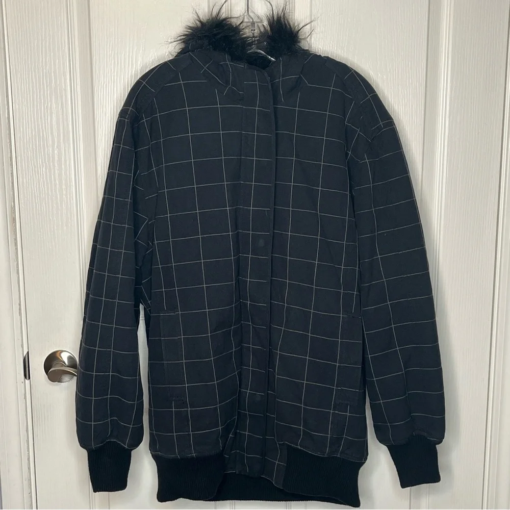 No Fear Thick Jacket Sz S Black Checkered Faux Fur Trim Hood Y2K Warm